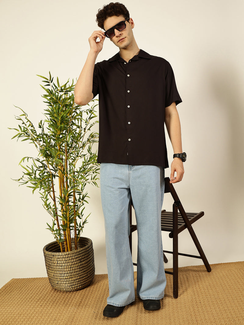Black Short Sleeves Oversized Fit Solid Cuban Collar Viscose Casual Shirt