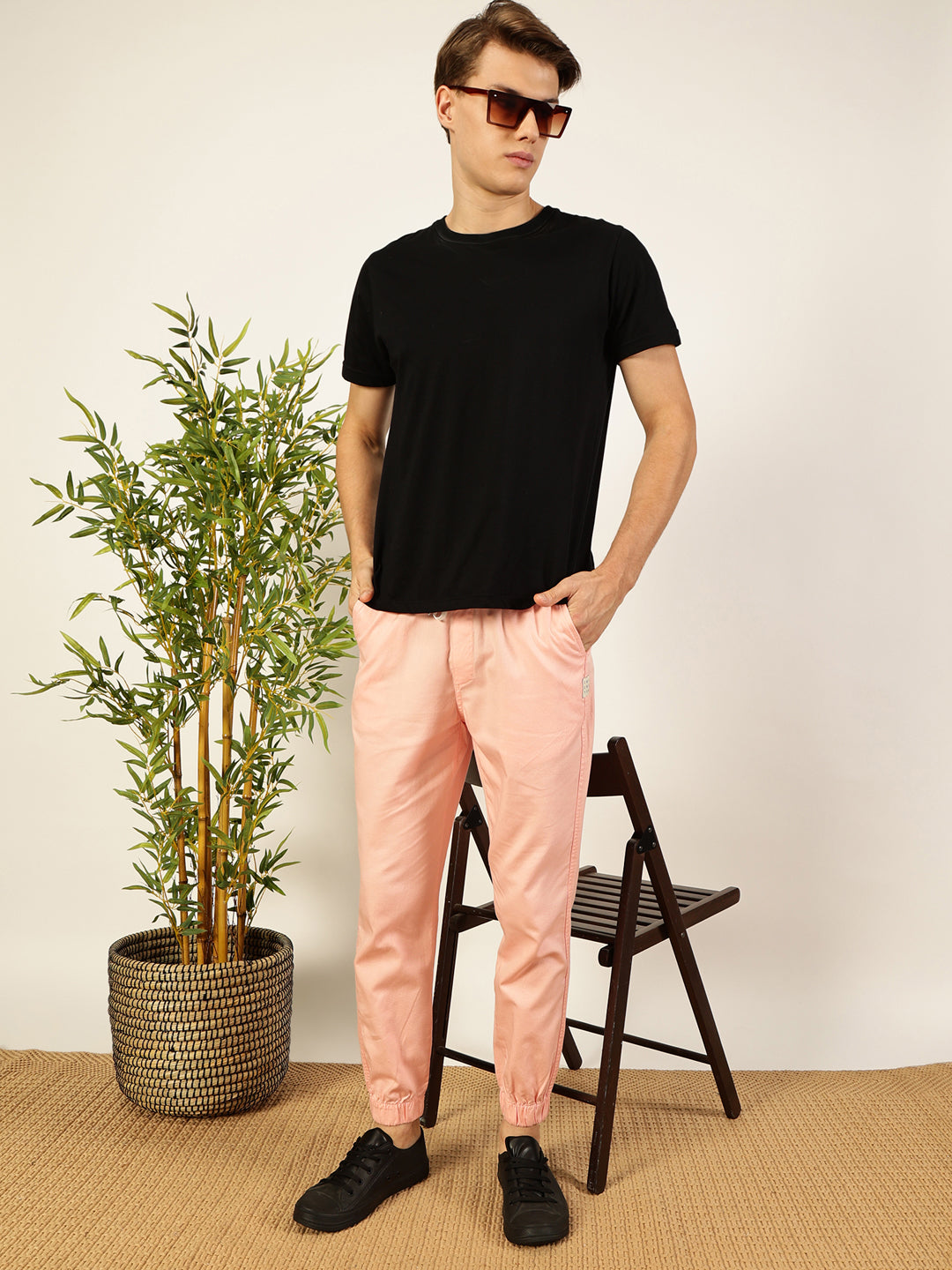Thomas Scott Men Peach Regular Fit Mid-Rise 3 Pockets Solid Cotton Woven Joggers