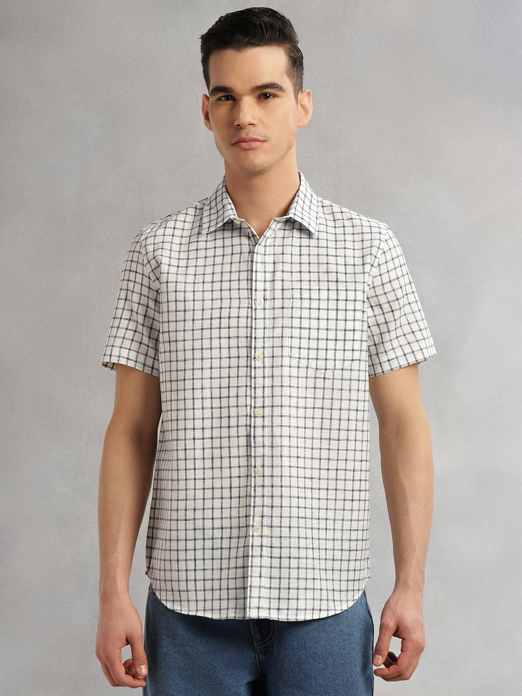 Thomas Scott Men Navy Slim Fit Short Sleeves Spread Collar Gingham Checks Cotton Linen Casual Shirt