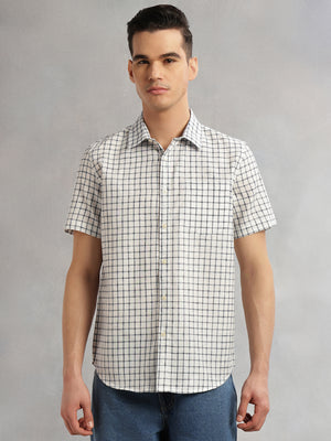 Navy Slim Fit Short Sleeves Spread Collar Gingham Checks Cotton Linen Casual Shirt For Men