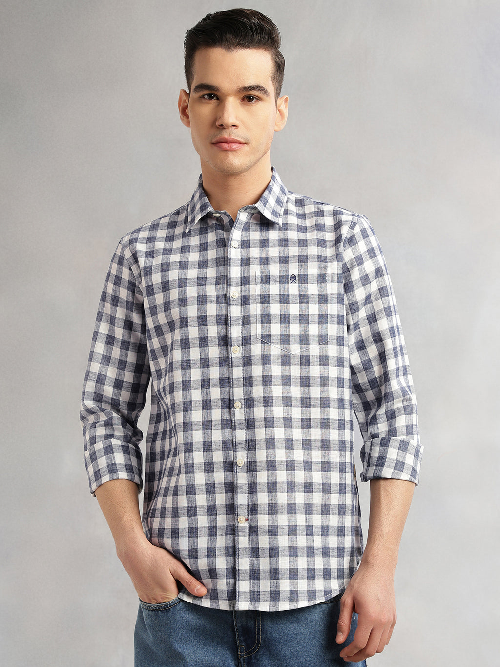 Thomas Scott Men Navy Slim Fit Long Sleeves Gingham Checks Spread Collar Cotton Linen Casual Shirt