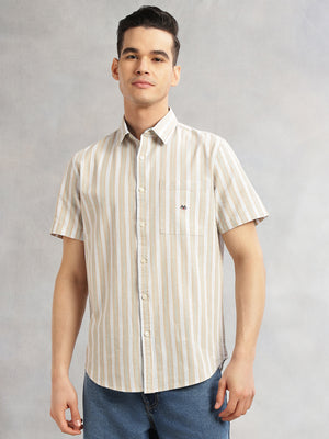 Thomas Scott Men Beige Slim Fit Cotton Linen Vertical Stripes Casual Shirt with Spread Collar & Short Sleeves