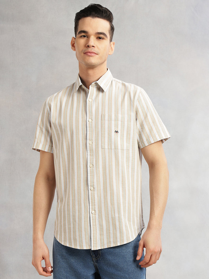 Thomas Scott Men Beige Slim Fit Cotton Linen Vertical Stripes Casual Shirt with Spread Collar & Short Sleeves