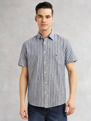 Blue Slim Fit Cotton Linen Vertical Stripes Casual Shirt For Men with Spread Collar & Short Sleeves