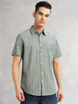 Thomas Scott Men Green Slim Fit Cotton Linen Vertical Stripes Casual Shirt with Spread Collar & Short Sleeves