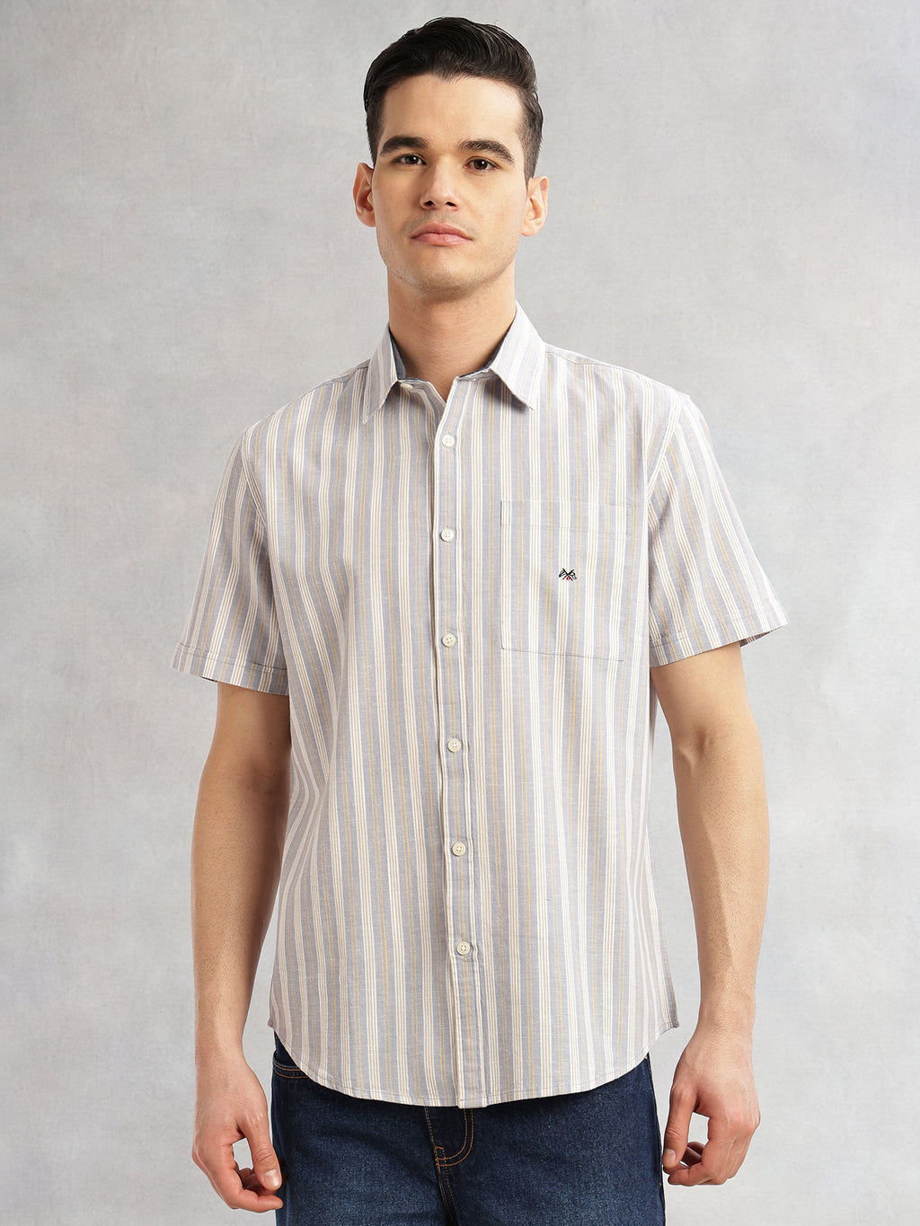 Thomas Scott Men Mid Blue Slim Fit Cotton Linen Vertical Stripes Casual Shirt with Spread Collar & Short Sleeves