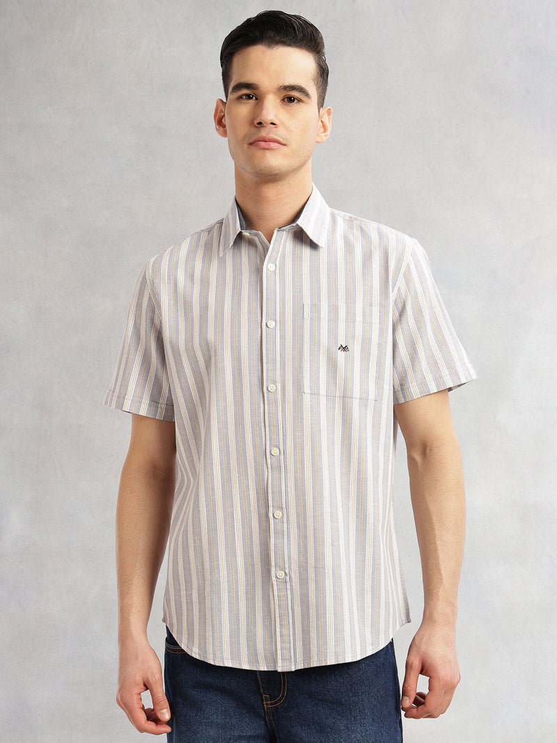 Thomas Scott Men Mid Blue Slim Fit Cotton Linen Vertical Stripes Casual Shirt with Spread Collar & Short Sleeves