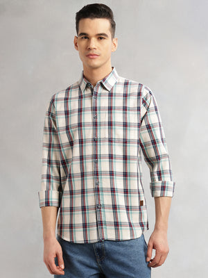 Thomas Scott Men Beige Slim Fit Long Sleeves Spread Collar Tartan Check 100% Cotton Casual Shirt