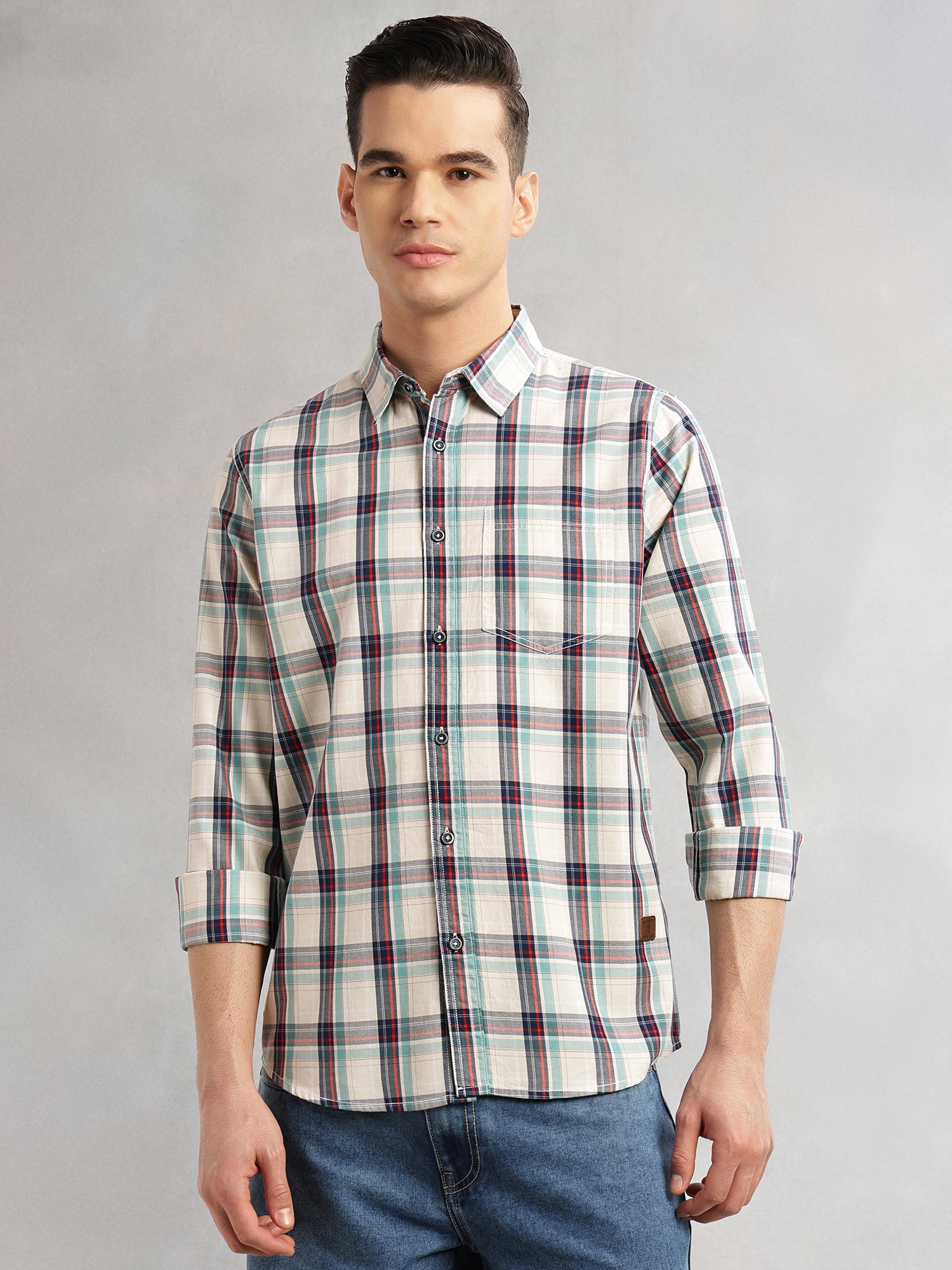 Thomas Scott Men Beige Slim Fit Long Sleeves Spread Collar Tartan Check 100% Cotton Casual Shirt