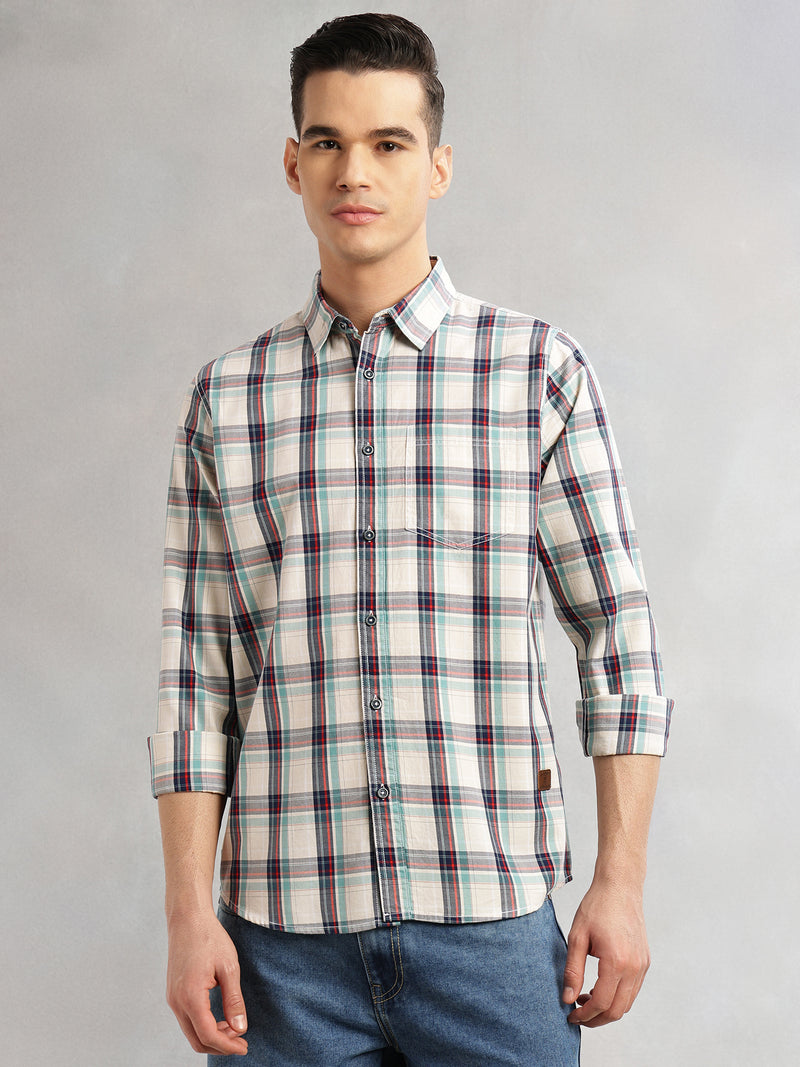 Thomas Scott Men Beige Slim Fit Long Sleeves Spread Collar Tartan Check 100% Cotton Casual Shirt