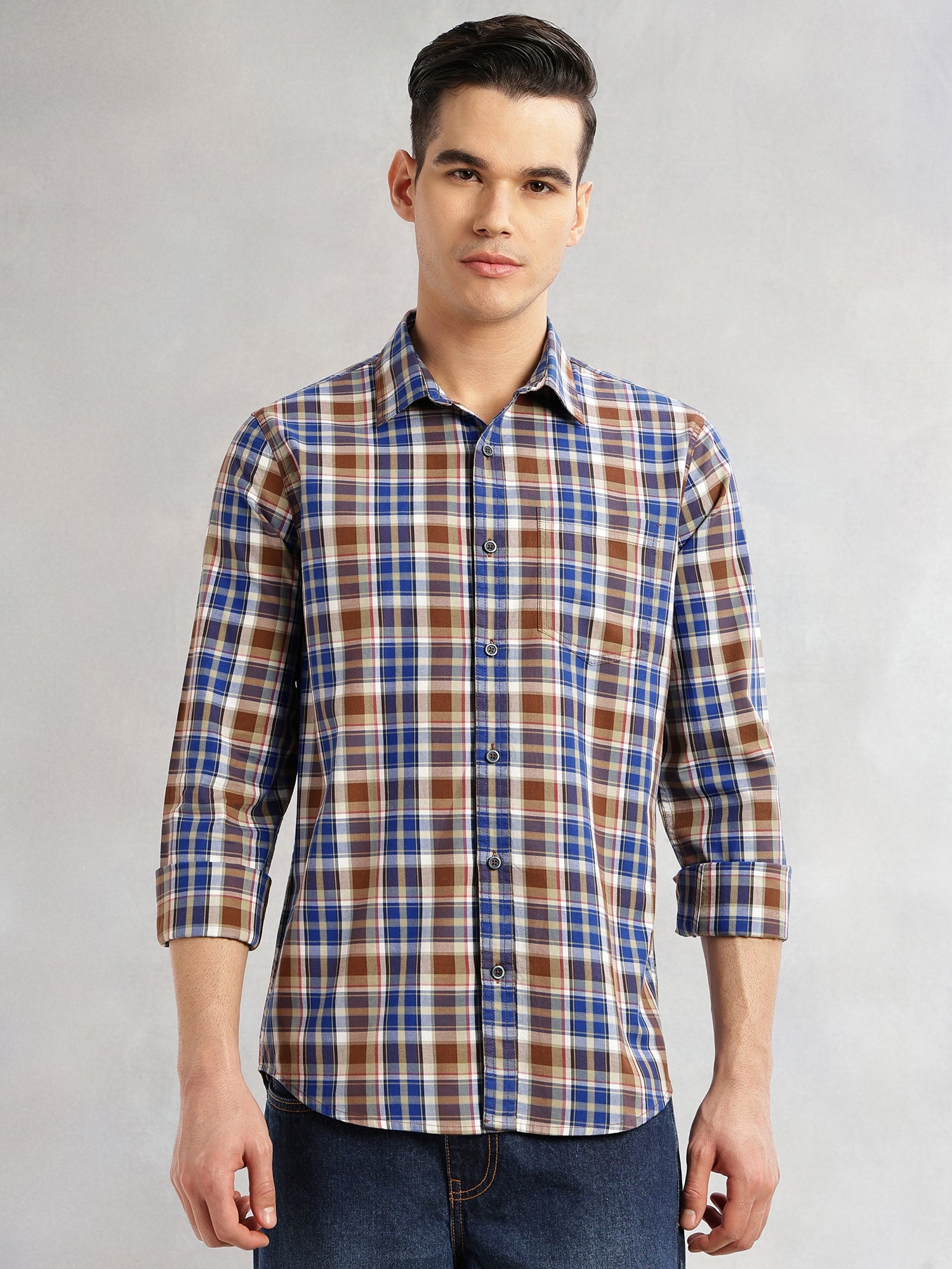 Thomas Scott Men Blue Slim Fit Long Sleeves Spread Collar Tartan Check 100% Cotton Casual Shirt