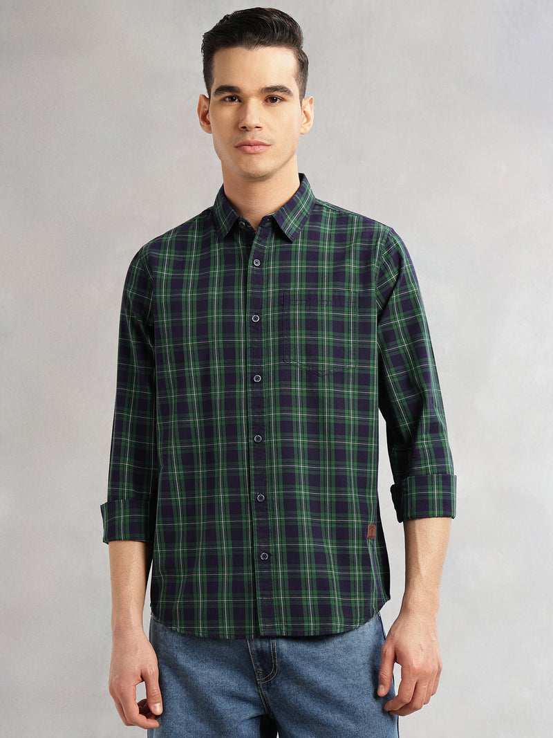 Thomas Scott Men Green Slim Fit Long Sleeves Spread Collar Tartan Check 100% Cotton Casual Shirt