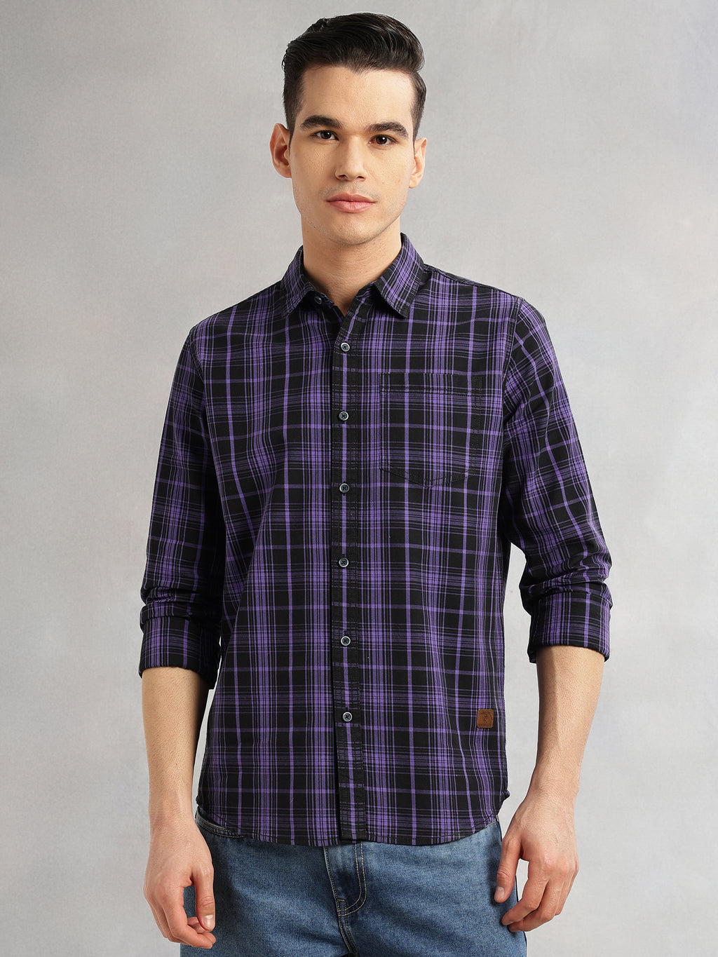 Thomas Scott Men Purple Slim Fit Long Sleeves Spread Collar Tartan Check 100% Cotton Casual Shirt