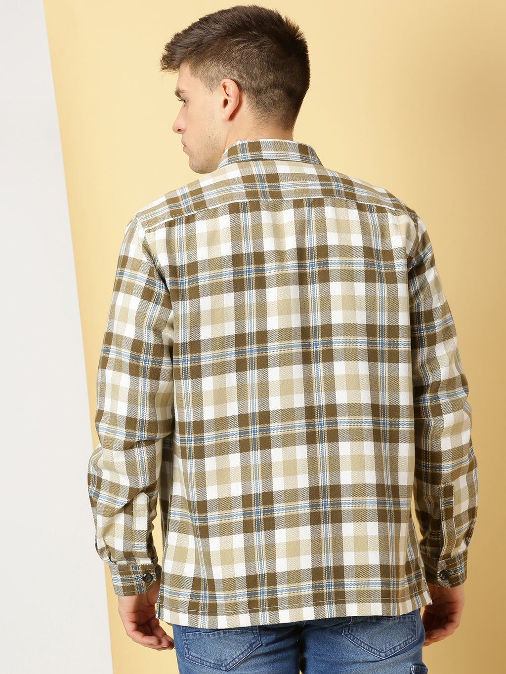 Thomas Scott Men Beige Regular Fit Long Sleeves Spread Collar Tartan Checks Casual Shacket
