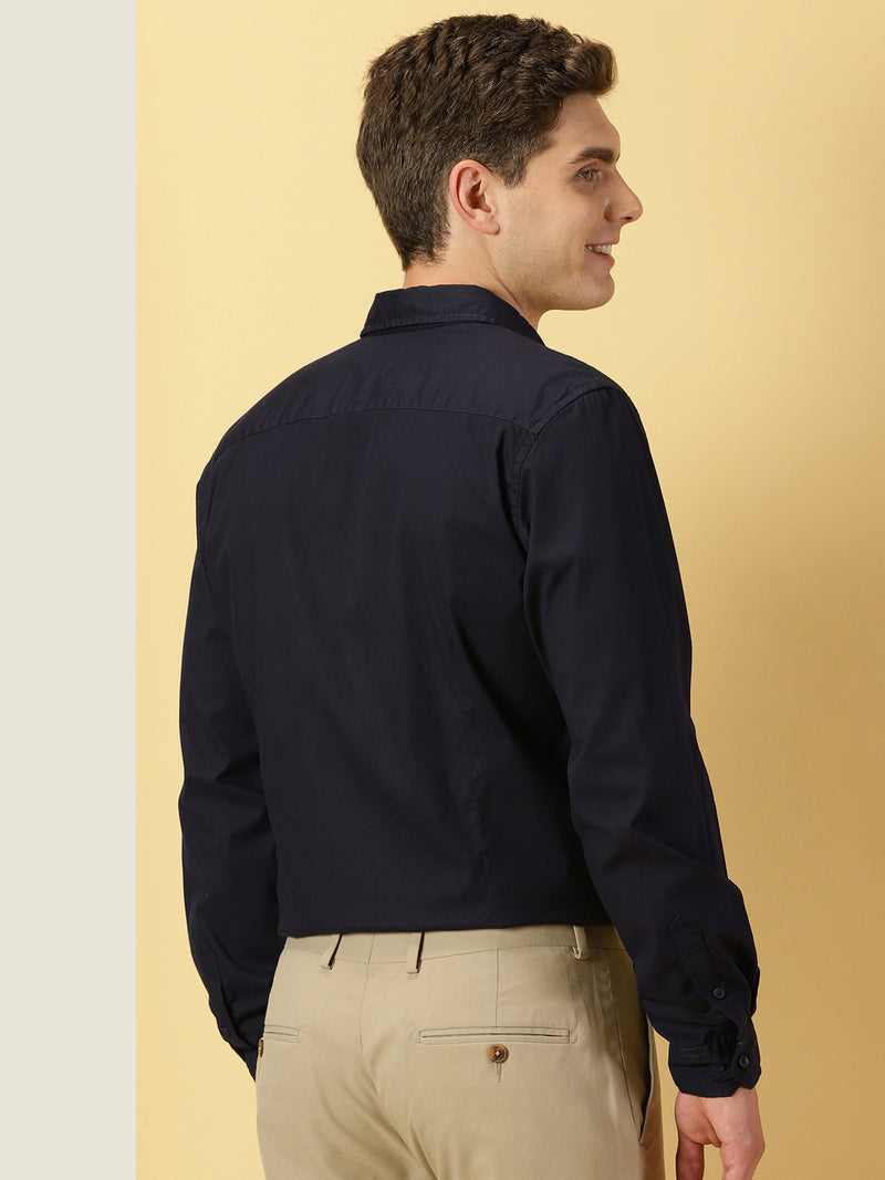 Thomas Scott Men Navy Slim Fit Long Sleeves Spread Collar Solid Casual Shirt