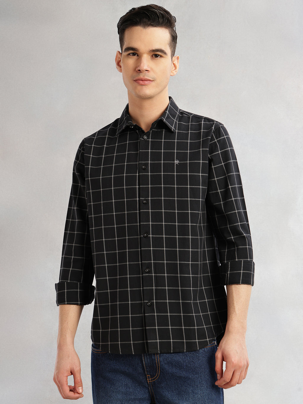 Thomas Scott Men Black Slim Fit Long Sleeves Spread Collar Windowpane Check 100% Cotton Twill Casual Shirt