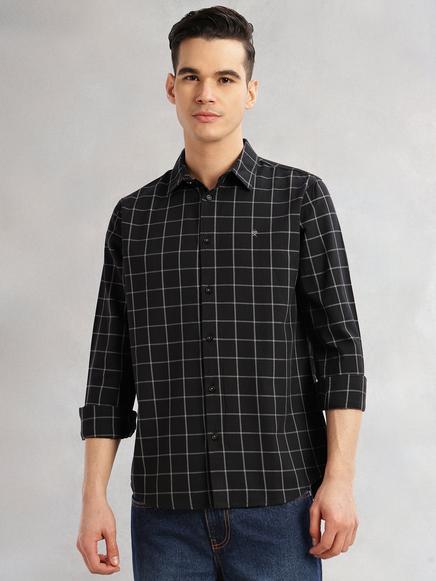 Thomas Scott Men Black Slim Fit Long Sleeves Spread Collar Windowpane Check 100% Cotton Twill Casual Shirt