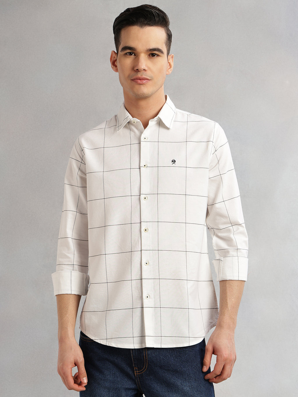 Thomas Scott Men White Slim Fit Long Sleeves Spread Collar Windowpane Check 100% Cotton Twill Casual Shirt