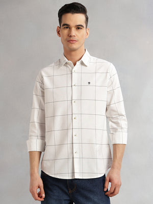 Thomas Scott Men White Slim Fit Long Sleeves Spread Collar Windowpane Check 100% Cotton Twill Casual Shirt