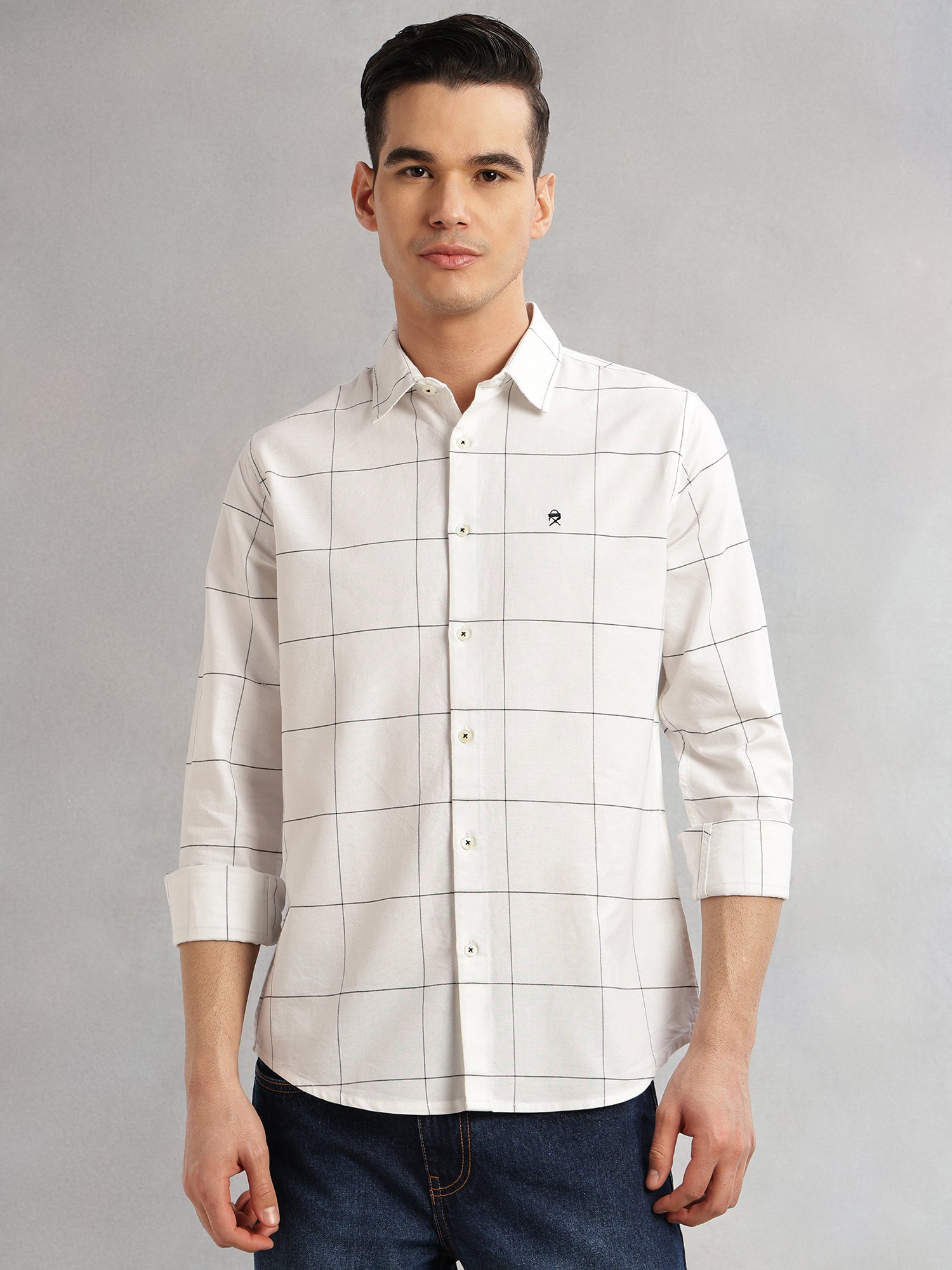 Thomas Scott Men White Slim Fit Long Sleeves Spread Collar Windowpane Check 100% Cotton Twill Casual Shirt
