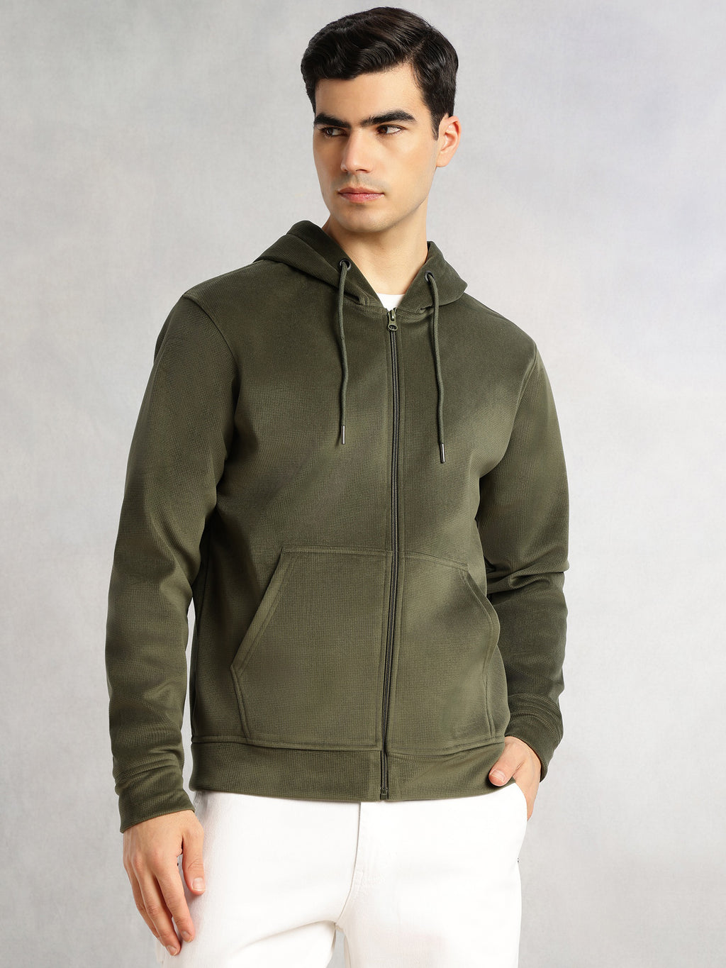 Thomas Scott Men Olive Regular Fit Long Sleeves Kangaroo Pocket Polyester Hoodie Sweatshirt