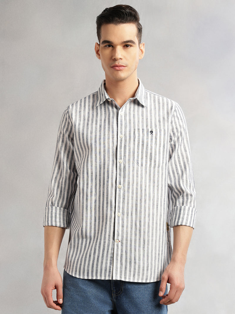 Thomas Scott Men Navy Slim Fit Long Sleeves Spread Collar Vertical Stripes Cotton Linen Casual Shirt