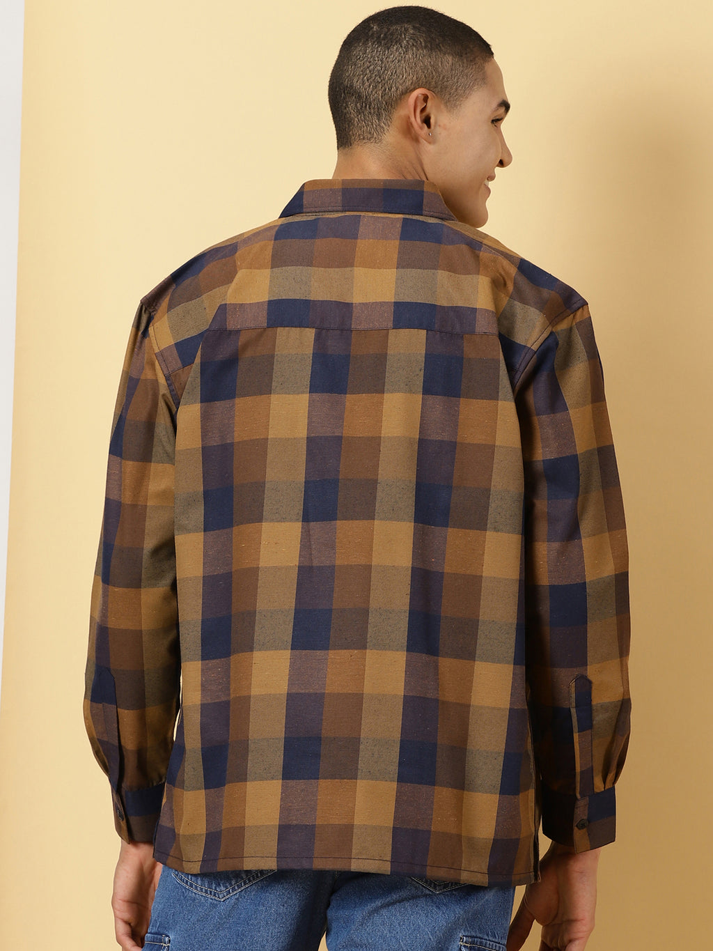 Thomas Scott Men Brown Oversized Long Sleeves Spread Collar Buffalo Checks Flannel Casual Shirt