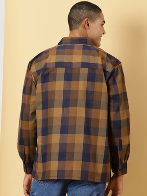 Thomas Scott Men Brown Oversized Long Sleeves Spread Collar Buffalo Checks Flannel Casual Shirt