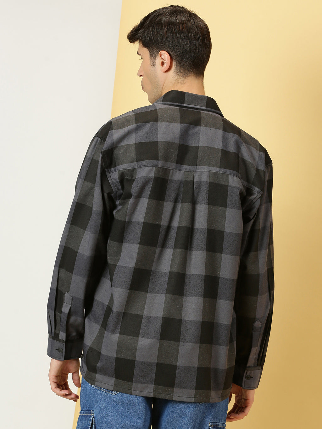Thomas Scott Men Grey Oversized Long Sleeves Spread Collar Buffalo Checks Knitted Casual Shacket