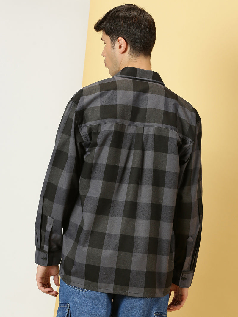 Thomas Scott Men Grey Oversized Long Sleeves Spread Collar Buffalo Checks Knitted Casual Shacket