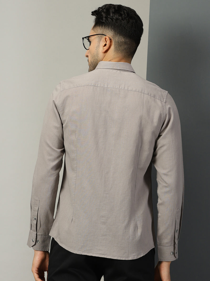 Thomas Scott Men Grey Regular Fit Long Sleeves Spread Collar Solid Cotton Linen Casual Shirt