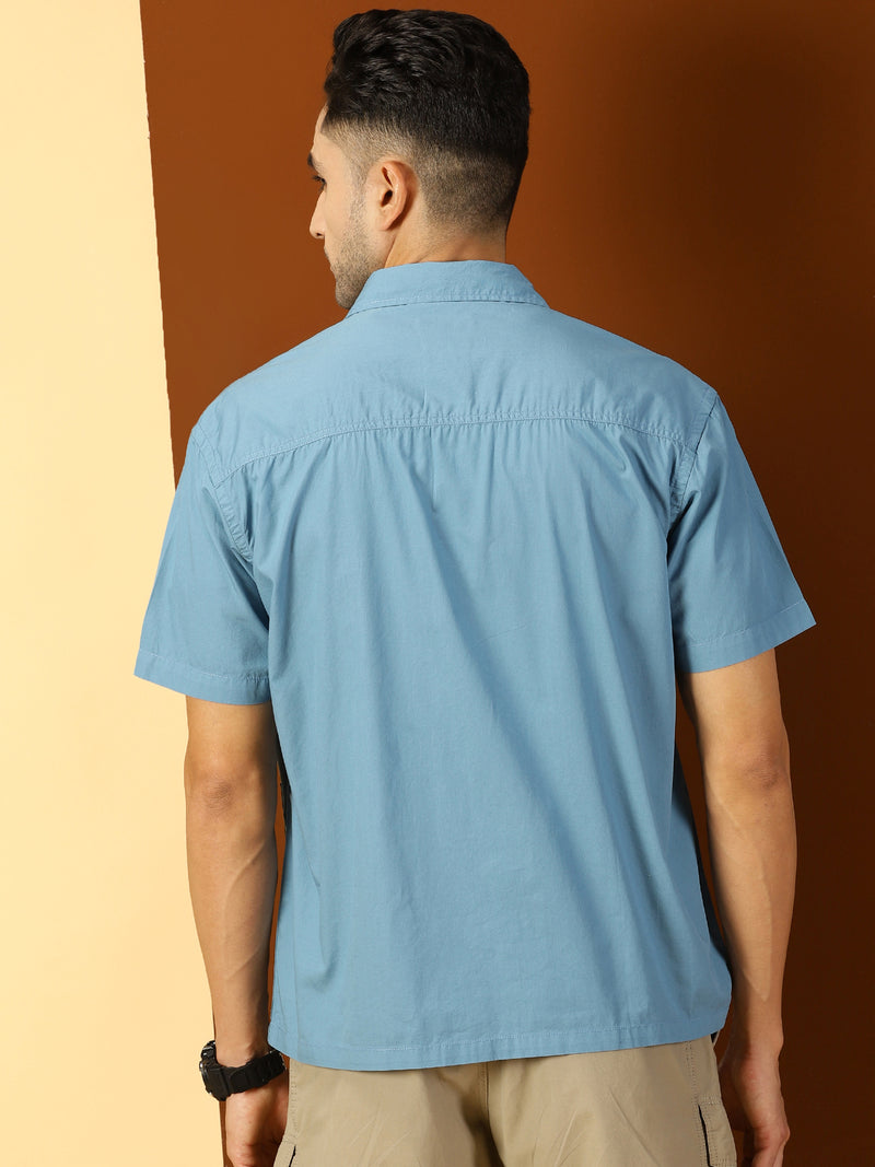 Thomas Scott Men Blue Short Sleeves Boxy Fit Spread Collar Solid 100% Cotton Casual Shirt