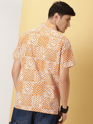 Thomas Scott Men Orange Slim Fit Short Sleeves Button-Down Collar Geometric Printed 100% Cotton Casual Shirt