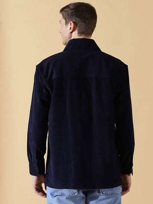 Thomas Scott Men Navy Long Sleeves Regular Fit Spread Collar 100% Cotton Knitted Corduroy Shirt