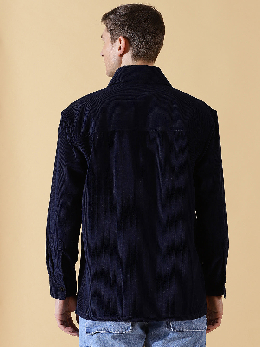Thomas Scott Men Navy Long Sleeves Regular Fit Spread Collar 100% Cotton Knitted Corduroy Shirt