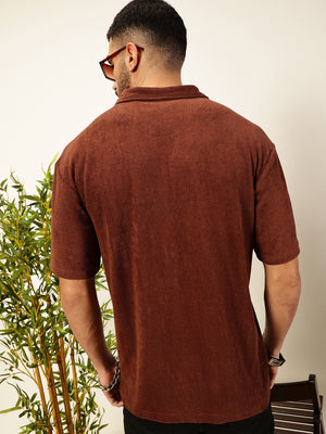 Thomas Scott Men Coffee Brown Towel Terry Short Sleeves Relaxed Fit Textured Polo Collar Knitted T-shirt