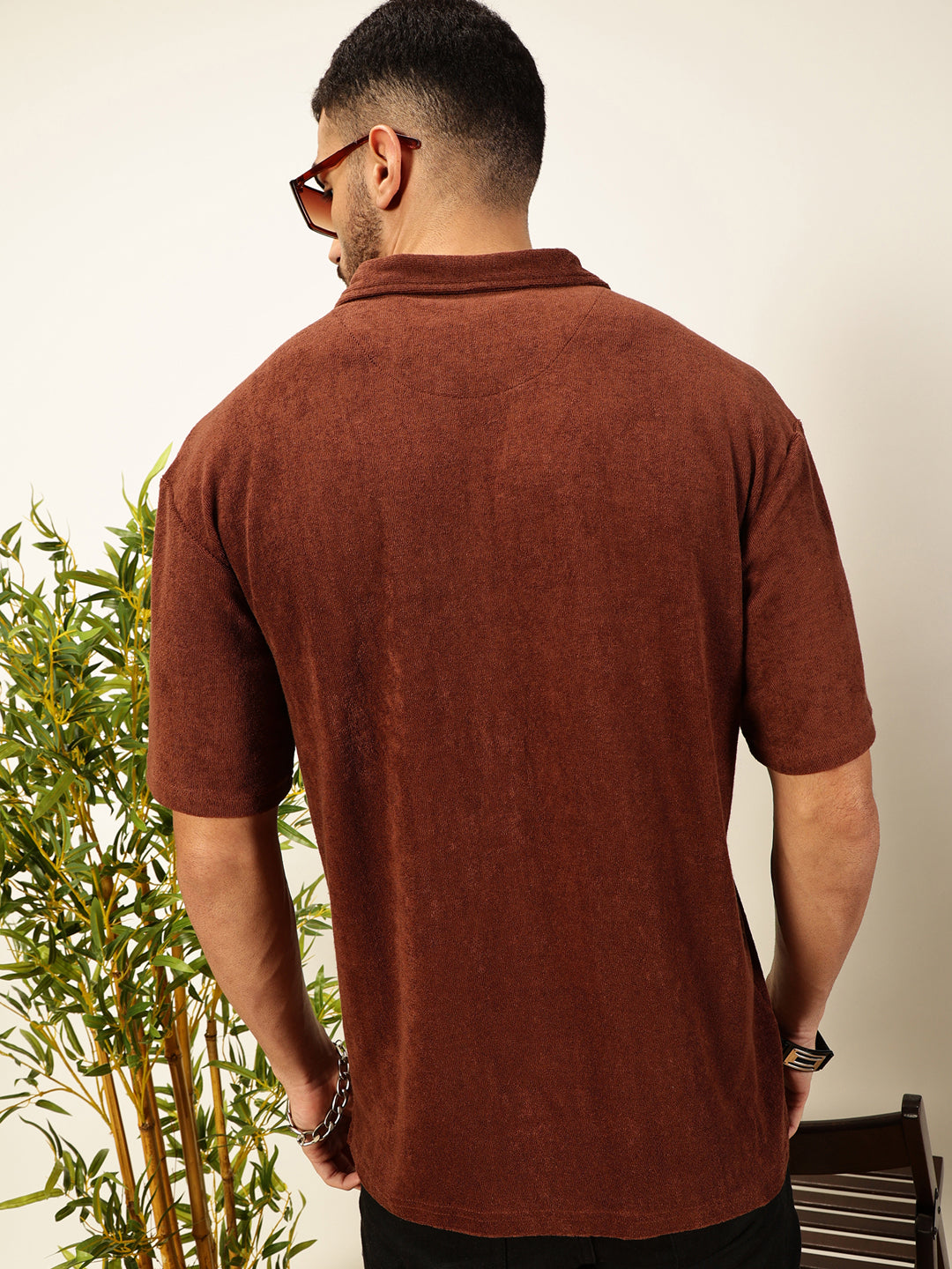 Thomas Scott Men Coffee Brown Towel Terry Short Sleeves Relaxed Fit Textured Polo Collar Knitted T-shirt