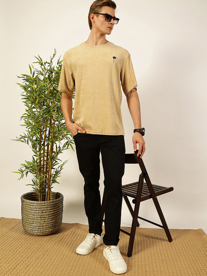 Thomas Scott Men Cream Oversized Short Sleeves Round Neck Solid Knitted T-shirt