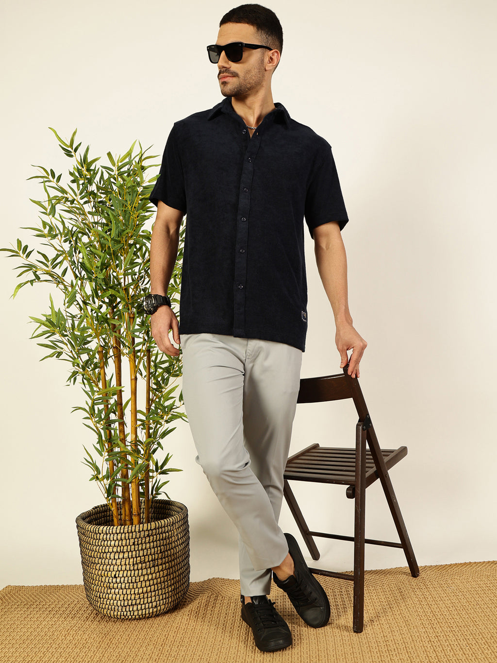 Thomas Scott Men Navy Blue Relaxed Fit Terry Towel Short Sleeves Relaxed Fit Spread Collar Knitted Shirt