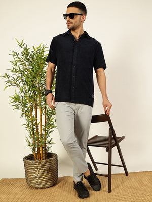Thomas Scott Men Navy Blue Relaxed Fit Terry Towel Short Sleeves Relaxed Fit Spread Collar Knitted Shirt