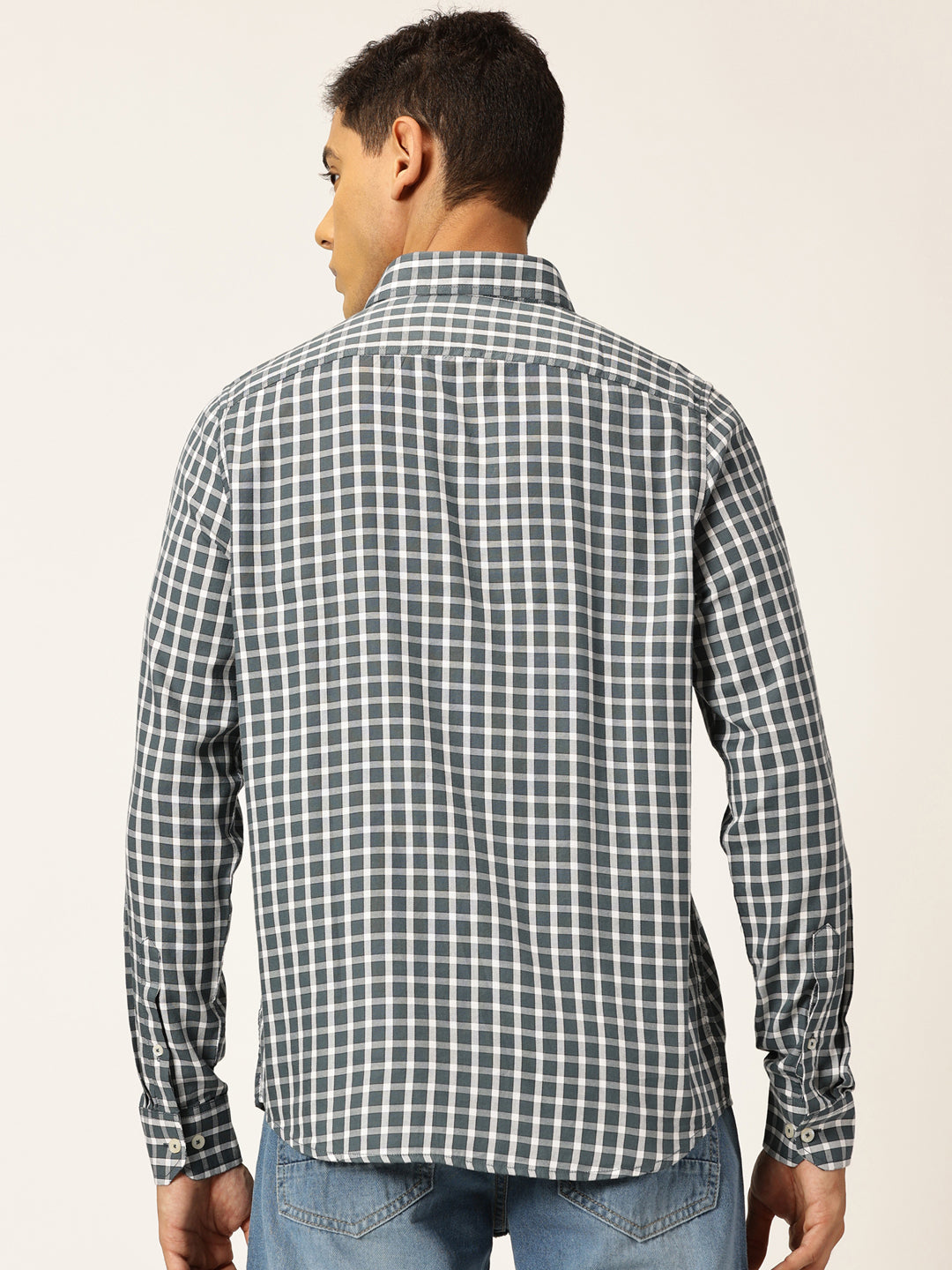 Thomas Scott Men Grey Slim Fit Long Sleeves Gingham Checks Spread Collar 100% Cotton Oxford Casual Shirt