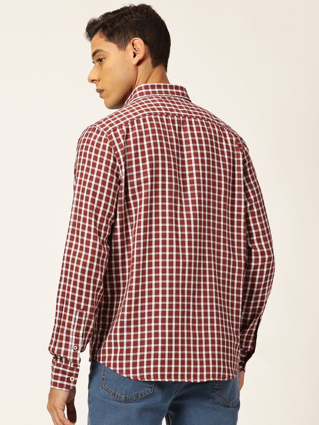 Thomas Scott Men Red Slim Fit Long Sleeves Spread Collar Gingham Checked 100% Cotton Oxford Casual Shirt