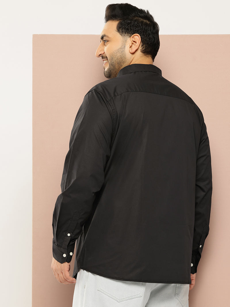 Thomas Scott Men Black Plus Size Regular Fit Long Sleeves Spread Collar Solid Casual Shirt
