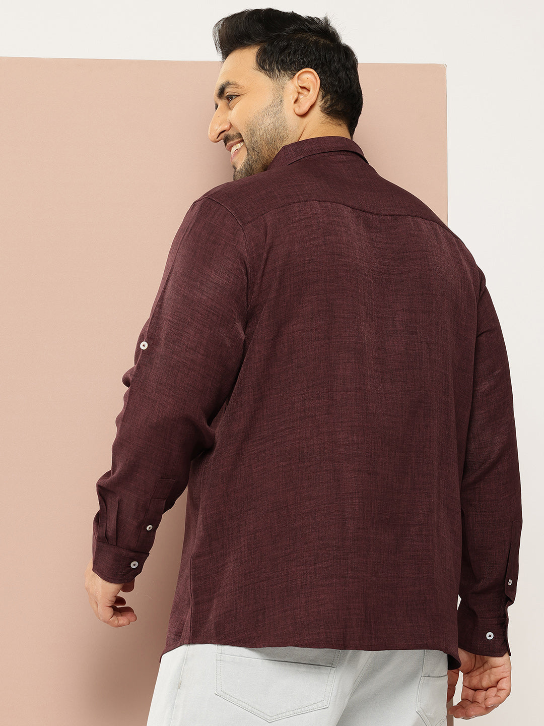 Thomas Scott Men Wine Plus Size Regular Fit Long Roll-Up Sleeves Button-Down Collar Solid Casual Shirt