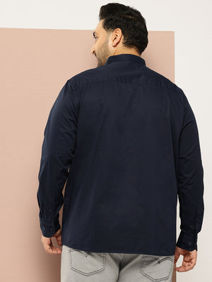 Navy Plus Size Regular Fit Long Sleeves Spread Collar Solid 100% Cotton Casual Shirt For Men