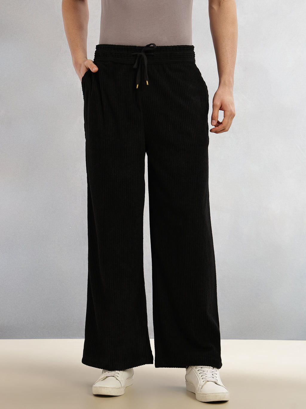 Thomas Scott Men Black Cricket Club Collection Regular Fit Textured Corduroy Trousers