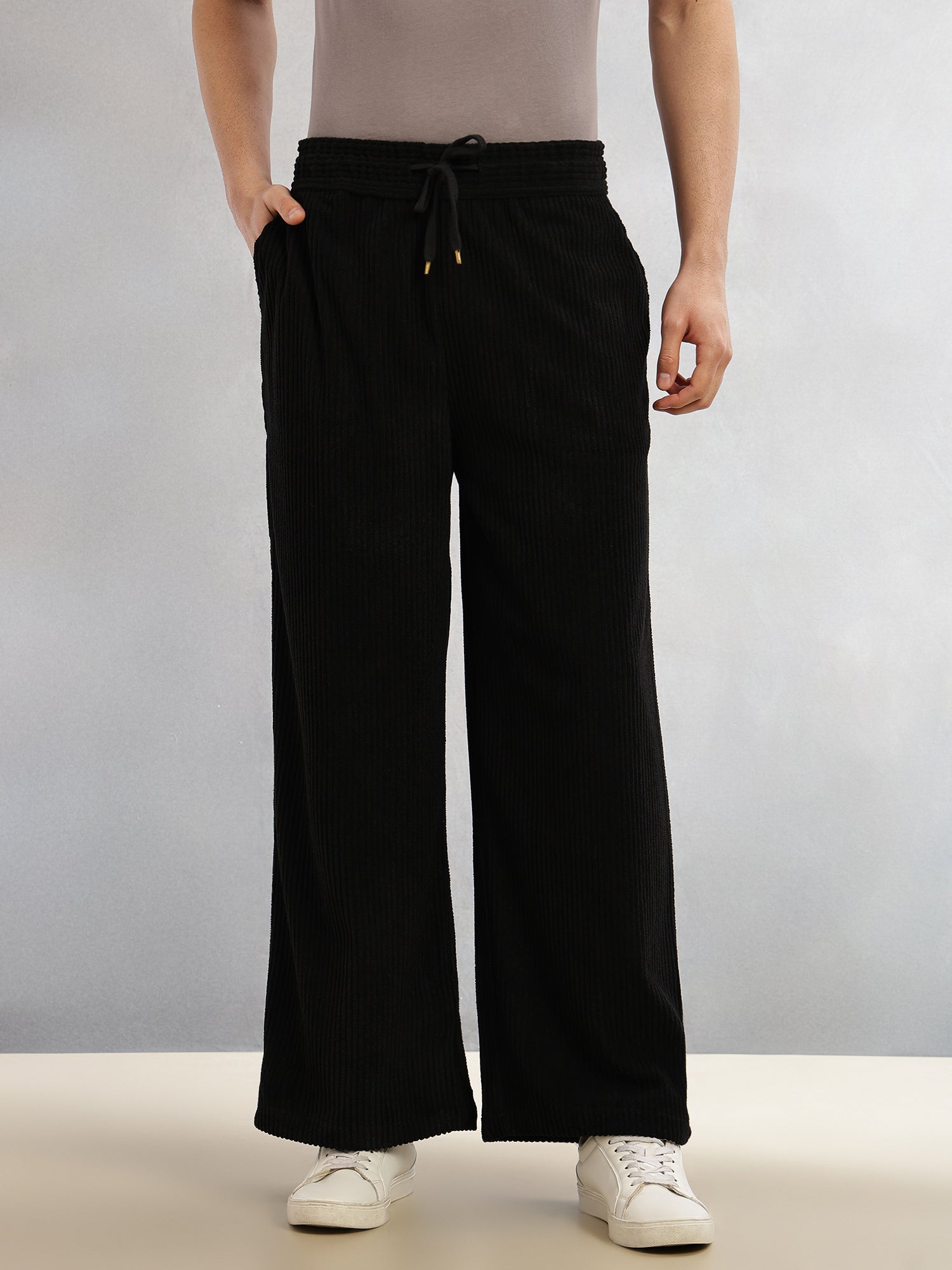 Thomas Scott Men Black Cricket Club Collection Regular Fit Textured Corduroy Trousers