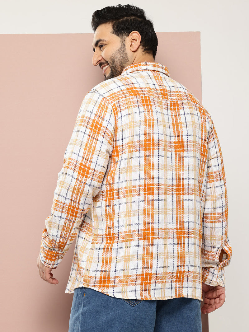 Thomas Scott Men Orange Plus Size Regular Fit Long Sleeves Spread Collar Multi Stripes 100% Cotton Casual Shirt