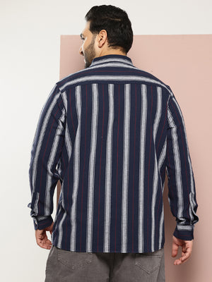 Navy Plus Size Regular Fit Long Sleeves Spread Collar Verticle Stripes 100% Cotton Casual Shirt For Men