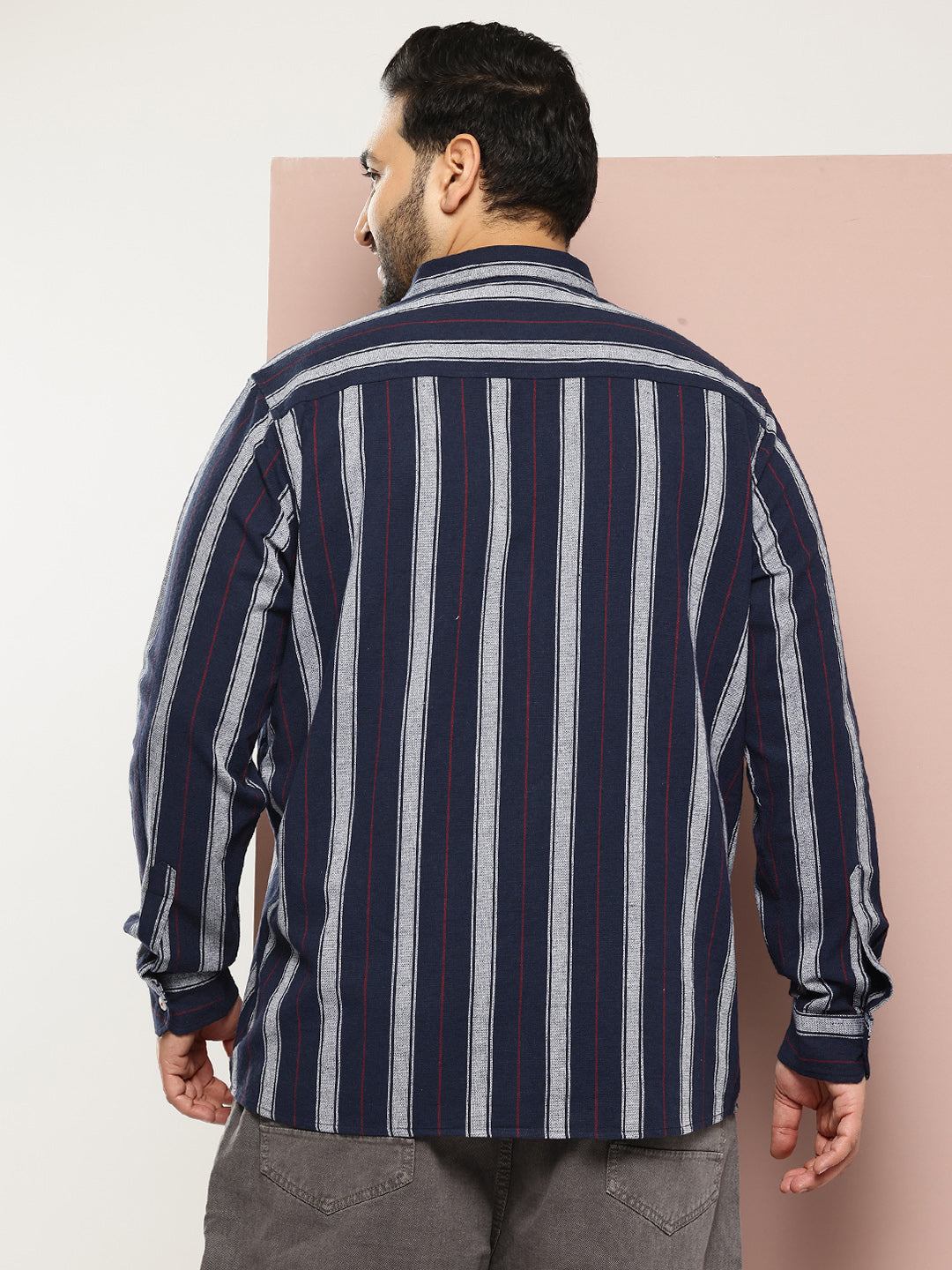 Thomas Scott Men Navy Plus Size Regular Fit Long Sleeves Spread Collar Verticle Stripes 100% Cotton Casual Shirt